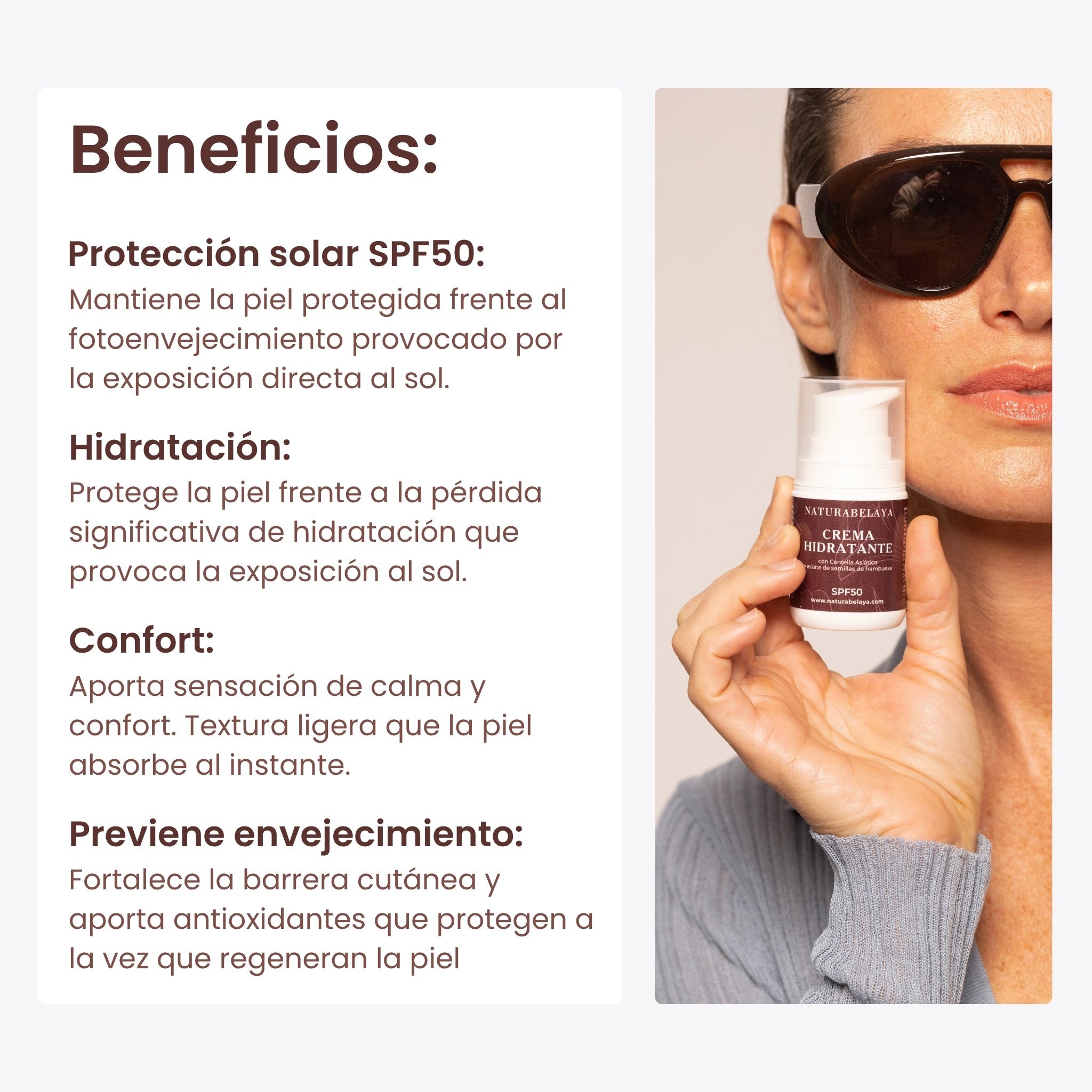 Crema hidratante de día SPF50 con centella asiática y aceite de frambuesa